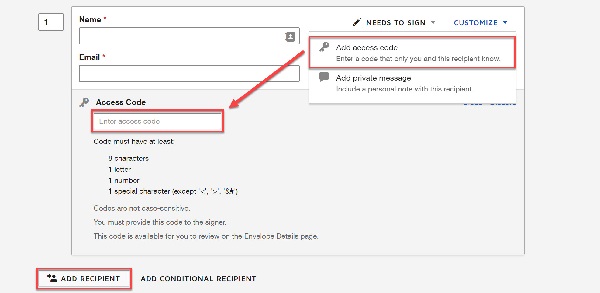 Click the more dropdown menu and select Add access code to enter an unique access code for your recipient. Add recipient highlighted if you want to add additional recipient to routing 