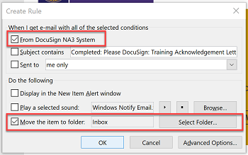 create rule dialog box with "from docusign NA3 system" and "move item to folder inbox" checked