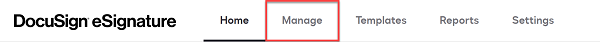 Docusign homepage with manage in the top ribbon highlighted