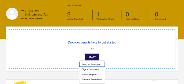 DocuSign homepage with send an envelope highlighted
