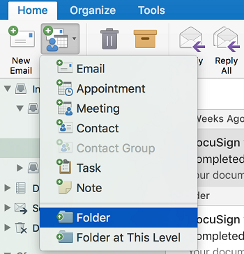 Mac Outlook with New item and folder selected
