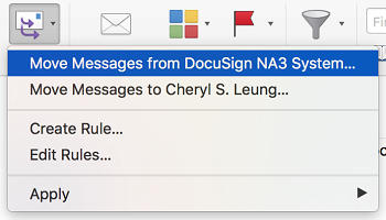 Mac outlook rule button selected and move messages from DocuSign highlighted