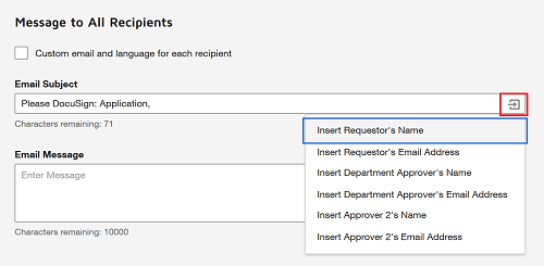 Envelope tile with merge field icon highlighted and merge field dropdown menu