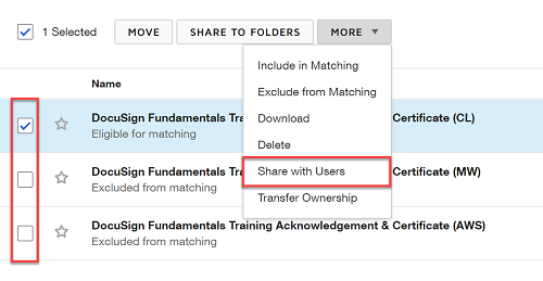 Mark the check box for the template to select it. You can select multiple templates to share at once. Click MORE and select Share with Users.